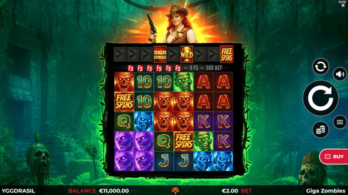 Giga Zombies - หน้าจอการเล่นเกมพร้อมวงล้อ 6x5